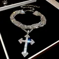 Dazzling multi-layer rhinestone cross pendant necklace in a luxury white jewelry box - Silver
