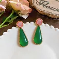 Vintage resin teardrop earrings in pink and green with gold-tone frames - Pink and Green Color Block Waterdrop Style