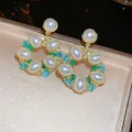 Elegant French vintage style gold wreath earrings with large oval pearls and colorful crystals - Gold Palace Flower