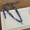 Bohemian blue floral fabric necklace with turquoise bead and silver drop pendant - Blue Floral (Necklace 9#)
