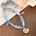 Light blue printed fabric necklace with shell and starfish charms for beach resort - Blue Conch (Necklace 3#)