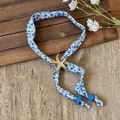 Ocean print fabric choker necklace with a large gold-toned starfish centerpiece - Blue Gold Starfish (Necklace 5#)