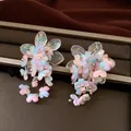 Elegantly designed pastel iridescent acrylic flower drop earrings with cascading tassels - Pink Blue Gradient (Earrings)