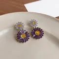 Fresh purple and white daisy flower zircon dangle earrings for women, spring summer style - Purple
