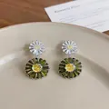 Elegant green and yellow floral zircon drop earrings with sparkling clear zircon studs - Green