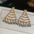 Sparkling geometric tassel drop earrings with clear zircons in a golden setting - 1# (HE31465)