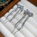 Silver zircon bow knot stud earrings with long ball chain tassels in luxury display box - 9# (HE31465)
