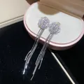 Sparkling silver needle zircon flower stud earrings with long geometric chain tassels - 12# (HE31465)