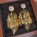 Gold-tone tassel earrings with large zircon crystals and leaf fringe detail - 14# (HE31465)