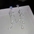 Elegant silver needle zirconia earrings featuring long geometric crystal tassel details - 23# (HE31465)