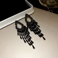 Elegant geometric black zircon tassel drop earrings featuring a luxury silver needle design - 27# (HE31465)