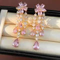Elegant pink flower tassel earrings featuring sparkling zircons and silver needle studs - 32# (HE31465)