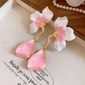 Enamel flower drop earrings in pink and white with golden stem details - Petal Style / Pink