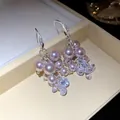 Close-up of French vintage pearl tassel drop earrings with sparkling cubic zirconia - French Vintage Tassel Style / Ear Hooks-Silver-Pink