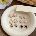 Set of 6 pairs of French-style elegant pearl and gold-tone stud earrings for women - 12 Pcs/Set / Gold-White