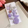 Purple shell and starfish resin hair clip set with pearl and rhinestone details - Duckbill Hair Clips / Five-Piece Set / Purple