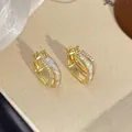 Elegant French style gold geometric hoop earrings with sparkling cubic zircon stone inlay - Gold Zirconia Style(HE32766)