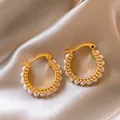Elegant French style gold hoop earrings with pearl accents on satin background - Gold Artificial Pearl Style(HE32766)