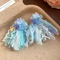 Elegant light blue flower tassel drop earrings with delicate lace fringe for women - Stud Earrings / Blue