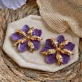 Large purple marble flower stud earrings with elegant gold metallic accents for women. - Gold-Purple
