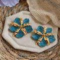 Exquisite blue enamel dripping oil and gold-plated pleated flower stud earrings for women - Gold-Cyan