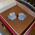 Macro detail view of sparkly zircon flower stud earrings in a luxury jewelry box - Flower Design (HE34271) / Silver