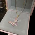 Exquisite gold chain necklace featuring a pink zircon-encrusted butterfly pendant - Gold-Pink