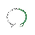 Élégant bracelet en acier inoxydable argenté avec chaîne de strass verts et fermoir T. - Chaîne Figaro Argentée Épissée Double Rangée de Strass Vert (B0232_Silver_Green)