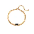 Bracelet à couches en acier inoxydable doré 18 carats avec une pierre noire élégante - Chaîne Plate Double Rangée Incrustée de Pierre Rectangulaire Noire (B0333_Gold_Black)