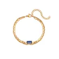 Bracelet double couche en acier inoxydable plaqué or 18 carats avec pierre bleue rectangulaire - Chaîne Double Rangée Incrustée de Pierre Rectangulaire Bleue (B0333_Gold_Blue)