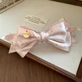 Elegante fermaglio per capelli a fiocco in raso rosa a pois con ciondolo dorato - 10# Clip a Torsione / Rosa a Pois