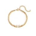 Bracelet élégant double couche en acier inoxydable plaqué or 18 carats avec cristal - Chaîne Dorée Double Rangée Incrustée de Strass Rectangulaire Blanc (B0333_Gold_White)