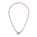 Bracelet chaîne minimaliste en acier inoxydable avec double rangée de cristaux roses. - Strass Rose Double Rangée Épissé Asymétrique (N2629_Silver_Pink)