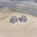 Close-up detail of circular zircon ear clips with sparkling stones in a French luxury style - Silver
