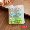 Set of 3 pairs of sweet resin rose stud earrings in white, blue, and green colors - 3 Pairs Set / White-Blue-Green