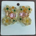 Exquisite golden flower stud earrings with pink zircon and green accents on card - Flower Cluster Style (Silver Post) / Gold