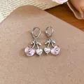 Sweet Korean style cherry heart drop earrings with pink and clear crystals in silver - Hoop Style (11) / Silver-Pink