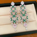 Luxury 18k gold plated floral tassel earrings with pink and green stones - Silver