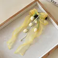 Elegante fermaglio per capelli in chiffon giallo con ciondoli a tulipano e perle raffinate - Fermagli per capelli a becco d'anatra / Giallo
