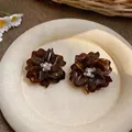 Elegant dark brown floral stud earrings with glass beaded centers and silver pins - Silver Needle Flower Style / Brown