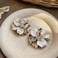 Elegant tortoise shell floral stud earrings with crystal bead center and silver needles. - Silver Needle Flower Style / Khaki