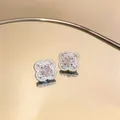 Dettagliata macro di eleganti orecchini a lobo a fiore con pietra centrale rosa a rosa - Argento-Rosa