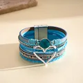 Bohemian multi-layer teal leather bracelet with heart charm and magnetic clasp closure - Blue