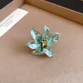 Vintage teal enamel tulip flower ring with gold plating edges and adjustable open band design - Open Ring / Blue