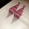 Exquisite pink gradient rhinestone tassel earrings with silver needle for women jewelry - Rhombus Tassel Style / Gradient Pink