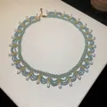 Handmade vintage blue beaded collar necklace featuring elegant white teardrop pearls - Large / Gold Blue White