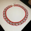 Elegant red and gold beaded choker necklace with layered pattern and teardrop accents - Mixed Beaded Style / Gold-Red-Grey