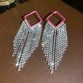 Detailed view of luxury silver needle rhinestone tassel earrings with sparkling finish - 54# Silver Needle - Pink