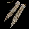 Elegant long rhinestone tassel drop earrings with sparkling sunburst detail - 56# Silver Earring Post - Gold