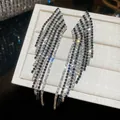 Exquisite silver needle earrings with long black and clear rhinestone tassels detail view. - 59# Silver Post - Silver Black